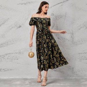 Blue and Gold Floral Long Off Shoulder Mesh Dress